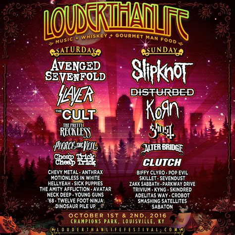 Louder than life 2024 - The Louder Than Life Festival 2024 Lineup is packed with amazing bands and artists. From September 26th to September 29th, 2024, music lovers can enjoy performances from some of the biggest names in the industry. Slayer, Slipknot, Mötley Crüe, and Korn are just a few of the headliners that will take the stage at the Highland Festival ...